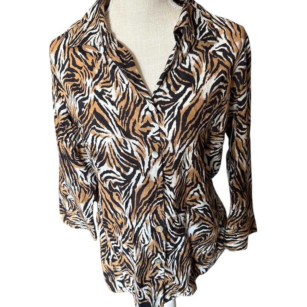 Chico's 100% Cotton Button Down Ling Sleeve Blouse Size 8